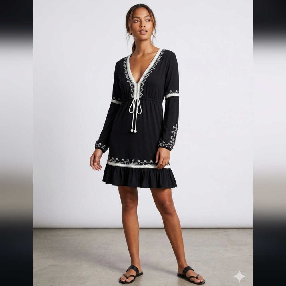 Moda International Black Mini Dress with White Embroidered Trim Size S